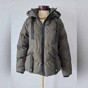 Saint + Sinner Raya quilted hooded puffer coat jacket in olive green. Size US 6